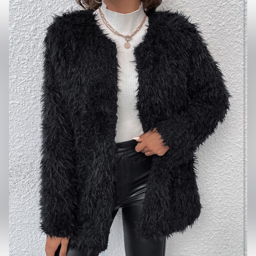 Cozy Faux Vegan Fur Open Front Jacket Coat Hot Pink - Picture 8 of 14